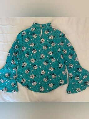 NWT BONGO Teal Floral "Choker" Mock Neck Blouse Tiered Bell Sleeves | S/C Junior